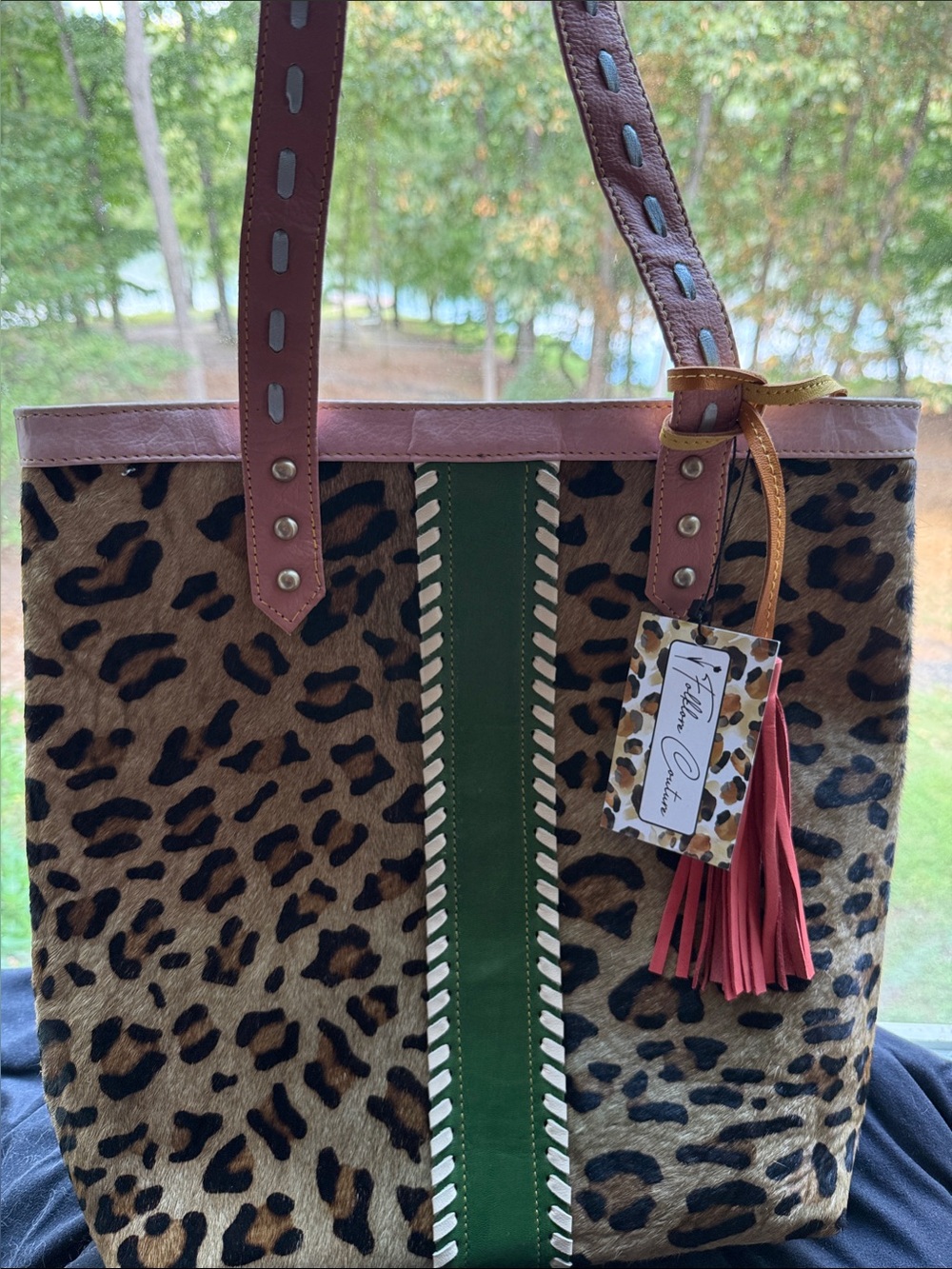 Leopard Print Tote with Pink Trim and Green Center Stripe